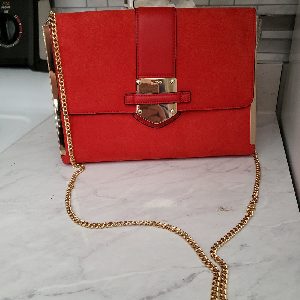 Red Aldo Evening Bag Gold Clutch Metal Chain